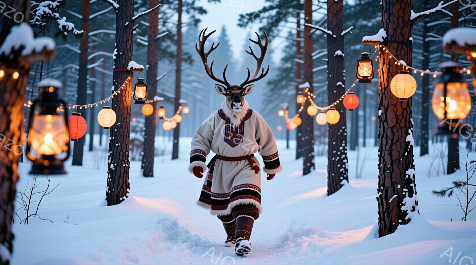 雪に覆われた森林の中を、トナカイの角をつけた人物が歩いている。オフホワイトの民族衣装を身につけ、赤いアクセントが施された装飾が特徴的で、寒冷な冬の風景に暖かさを添えている。背景には雪に覆われた木々と、暖かく光るランタンが並び、幻想的で静寂な雰囲気を醸し出している。