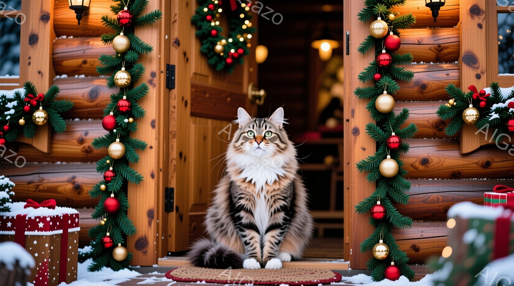 美しい縞模様の猫が、クリスマスの飾り付けがされた家の入り口で座っています。猫はまっすぐ前を見ており、その表情は落ち着いており、まるで家の番人のようです。背景には、クリスマスツリーのガーランドやプレゼン - AI生成フリー素材