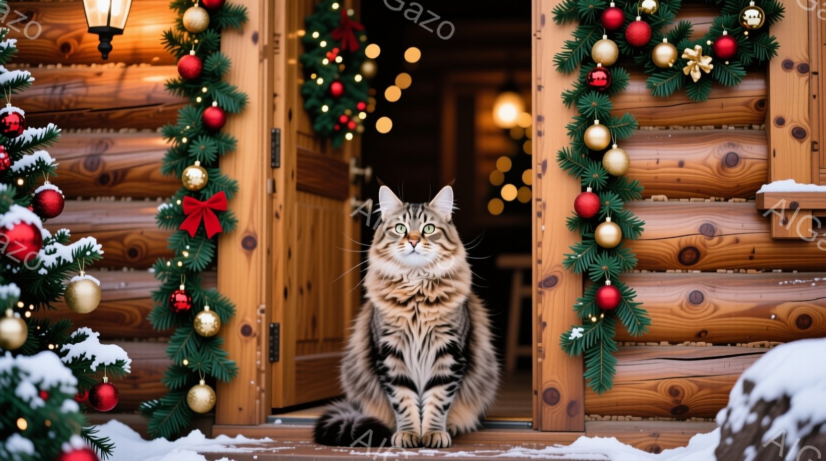 長毛の灰色の猫が、クリスマスの飾り棚の横で上を見上げています。棚の上には、雪景色が入ったガラスのオーナメントや小さなキャンドル、ラッピングされたプレゼントが置かれており、背景にはぼやけたクリスマスツリーの光が散りばめられています。暖かく、穏やかなクリスマスの雰囲気が漂う、居心地の良い光景です。