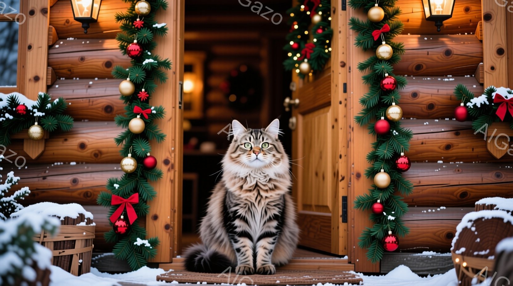 縞模様の大きな猫が、クリスマスの飾り付けがされた木のドアの前で座っています。背景には雪が降り積もり、暖かな光が灯されたランタンが冬の雰囲気を高めています。猫はまっすぐ前を見据え、落ち着いた様子で、クリ - AI生成フリー素材