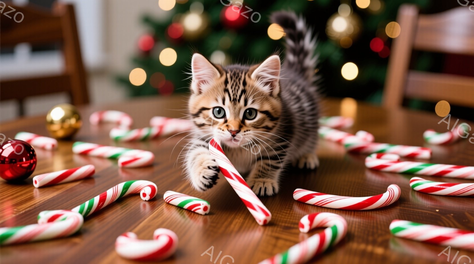 縞模様の小さな子猫が、クリスマスのキャンディケーンにじゃれついている様子が写っている。背景にはぼやけたクリスマスツリーと装飾が見え、木製のテーブルの上にキャンディケーンが散らばっている。全体的に、遊び - AI生成フリー素材