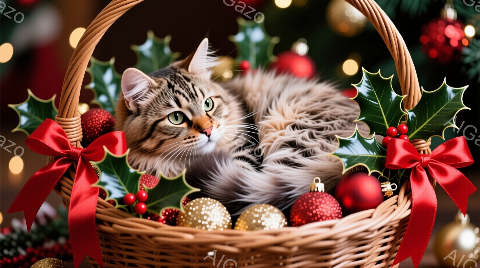 籠の中に、毛並みの美しい茶色の縞模様の猫が横たわっています。猫はリラックスした様子で、少しだけこちらを見ています。背景には、赤いリボンと葉っぱ、そしてキラキラと輝くクリスマスオーナメントが散りばめられ - AI生成フリー素材