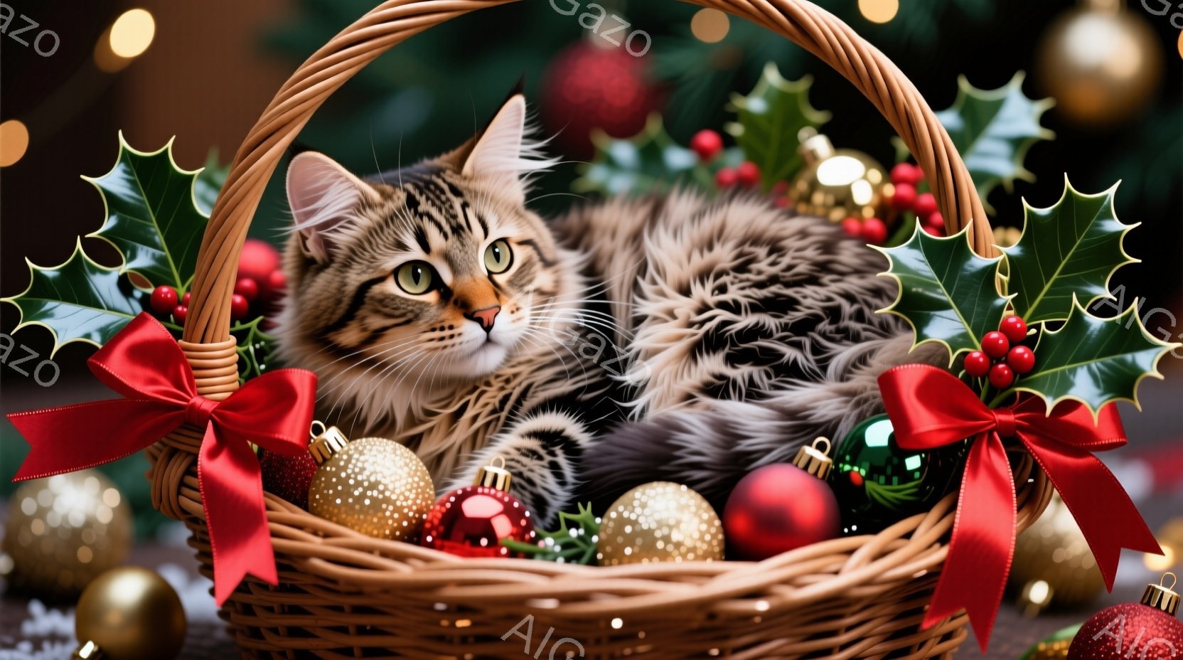 籠の中に、縞模様の猫が丸まって眠っています。周囲には赤いリボン、金色のオーナメント、そして赤い実の付いた葉が飾られ、クリスマスの雰囲気を醸し出しています。背景はぼかされており、ぼんやりと輝くオーナメン - AI生成フリー素材