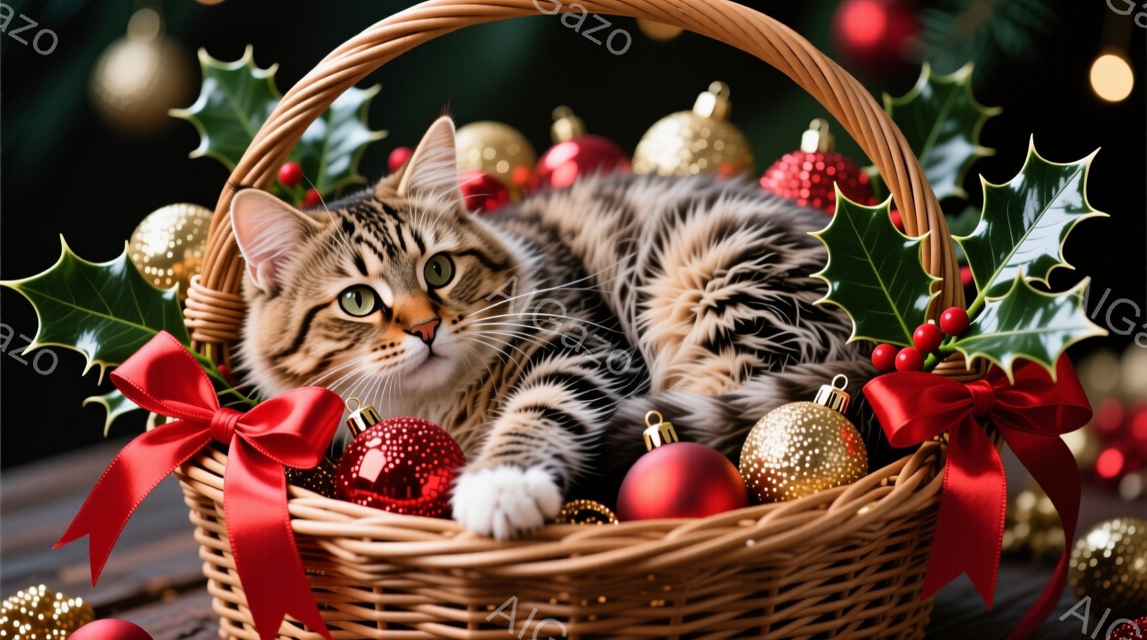 茶色と黒の縞模様の猫が、赤いリボンとオーナメントで飾られたバスケットの中に丸まって横たわっています。猫はリラックスした表情で、片方の前足をバスケットの縁から外に出しています。背景にはクリスマスツリーの - AI生成フリー素材