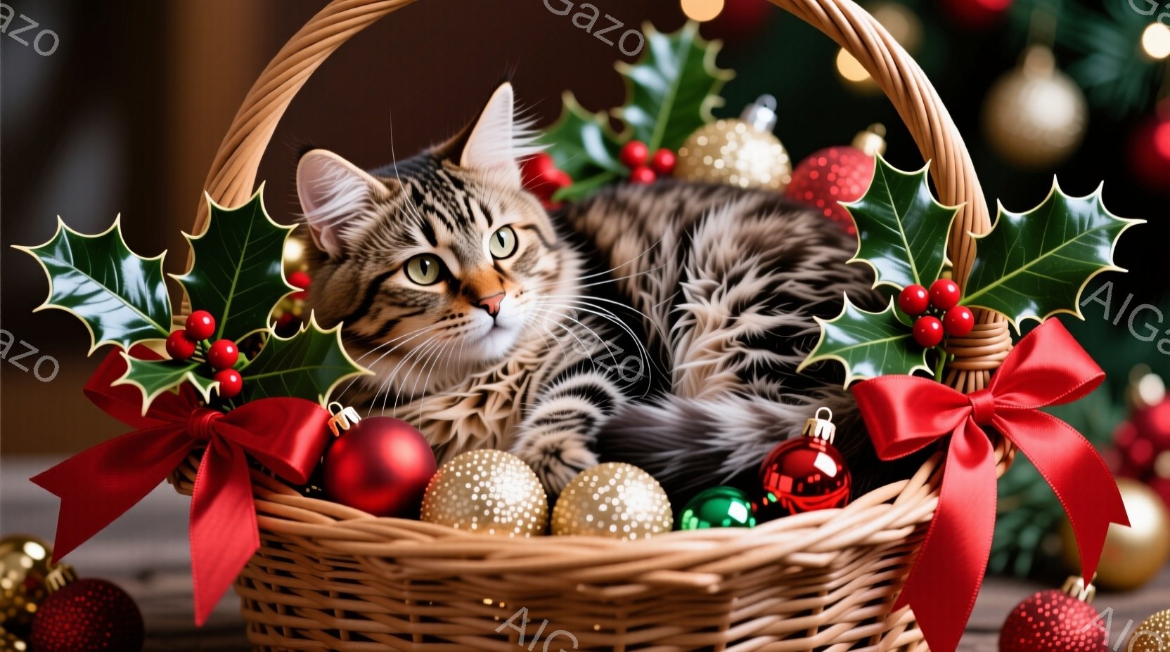 籠の中に縞模様の猫が丸まって横たわっており、赤いリボンと装飾が施されたクリスマスオーナメントに囲まれています。猫はリラックスした表情で、穏やかな光の中で暖かい雰囲気を醸し出しています。背景には、ぼやけ - AI生成フリー素材