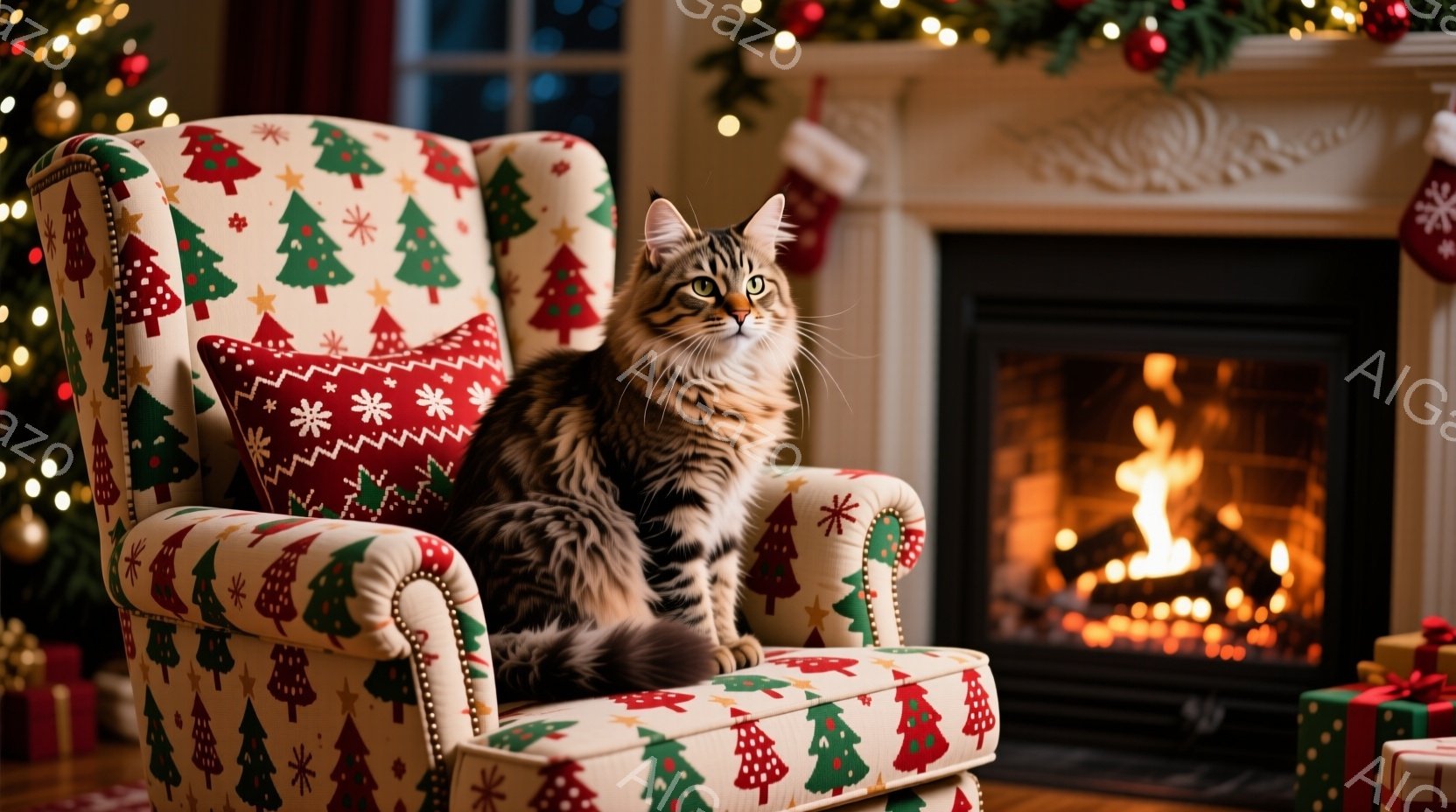 暖炉の前で、クリスマスの柄の肘掛け椅子に縞模様の猫が座っています。猫は落ち着いた表情で、正面をまっすぐ見ており、ふさふさとした毛並みが特徴的です。背景にはクリスマスツリーやプレゼント、暖炉の炎があり、 - AI生成フリー素材