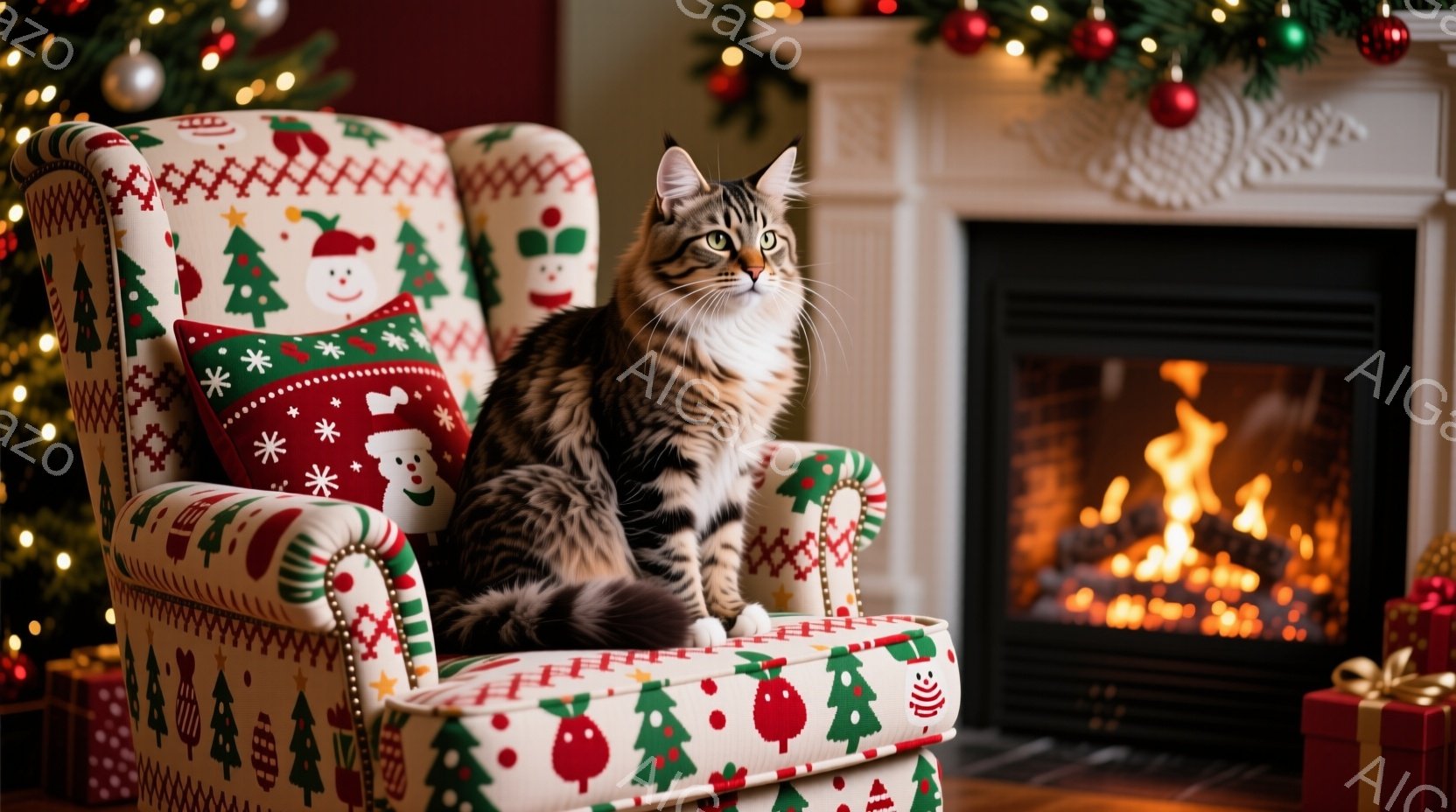 クリスマスを祝う暖炉のある部屋で、斑模様の猫がクリスマスの柄の肘掛け椅子に座っています。猫は正面を見ており、わずかに口を開けてリラックスした表情をしています。背景にはクリスマスツリー、プレゼント、そして暖かく燃える暖炉があり、温かく心地よい雰囲気を醸し出しています。