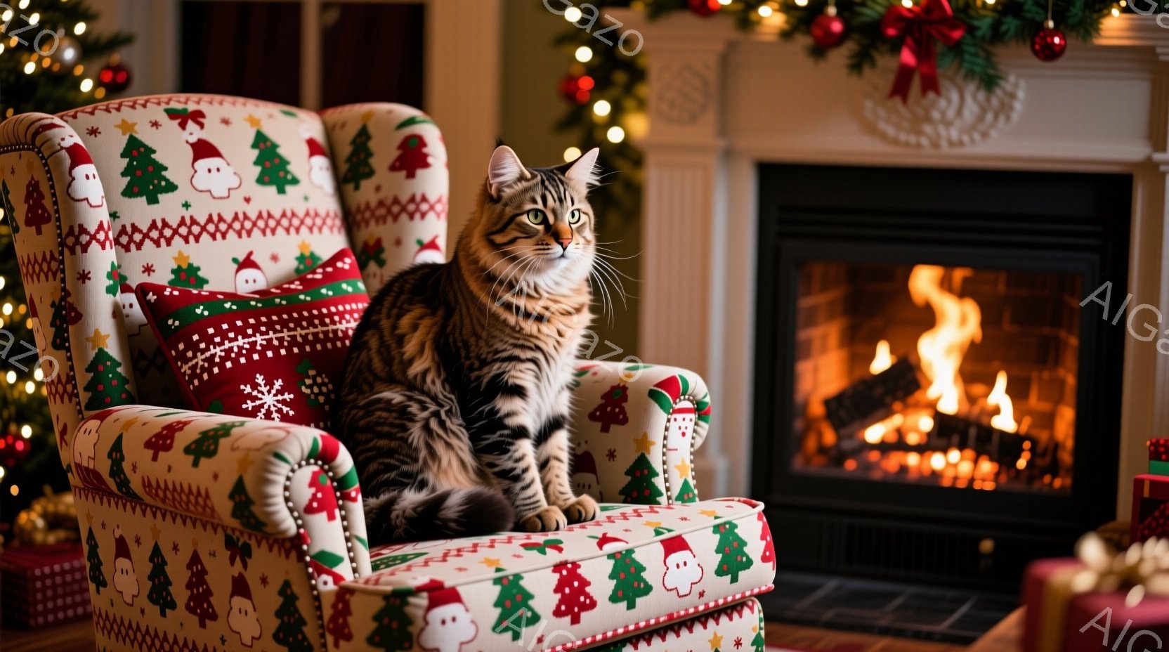 クリスマスを祝う暖炉のある部屋で、斑点の猫がクリスマスの柄の肘掛け椅子に座っています。猫は前足を揃え、リラックスした表情で正面を見つめています。背景には、プレゼントやキラキラ光るクリスマスツリーの飾り - AI生成フリー素材