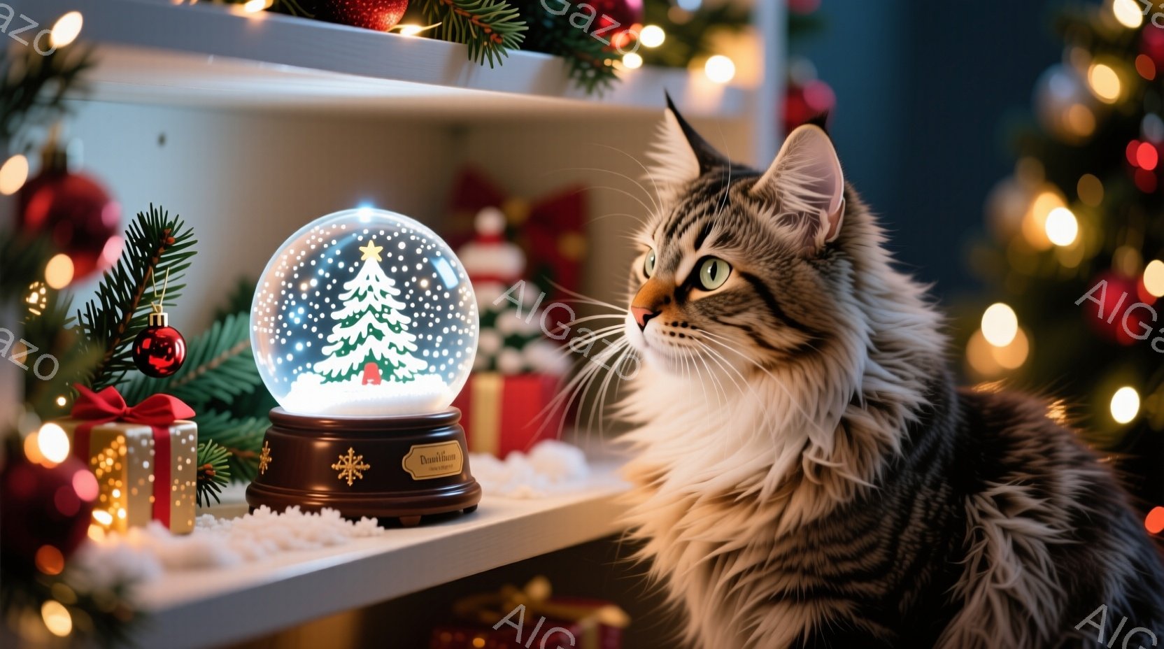 暖炉の棚の上には、雪が降るクリスマスツリーが入った雪球と、赤いリボンで結ばれたギフトボックスが置かれています。毛むくじゃらの灰色の猫が横向きに座り、雪球を興味津々に見つめています。背景にはぼやけたクリ - AI生成フリー素材