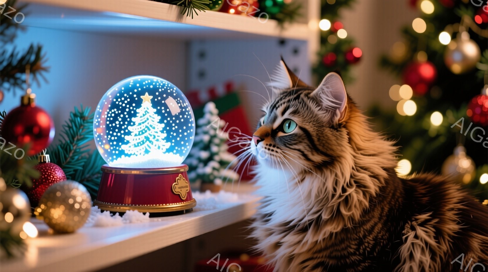 長毛の猫がクリスマスの飾り棚の近くで、雪の入ったガラスのオーナメントを見上げています。背景には緑豊かなクリスマスツリーがぼんやりと光り、赤と金のオーナメントが散りばめられています。暖かく、お祝いの雰囲 - AI生成フリー素材