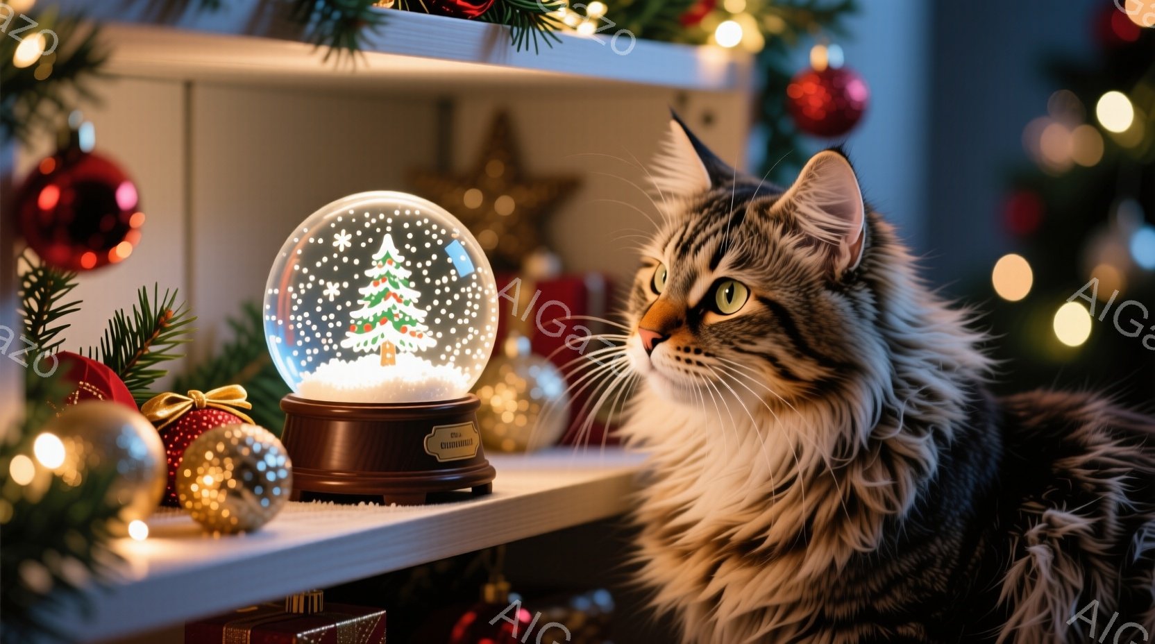 長毛の猫がクリスマスの飾り棚の横に座り、少し上を見つめている。背景にはクリスマスツリーのオーナメントや雪の結晶が入ったスノーグローブ、そしてぼやけたクリスマスツリーのライトが見える。全体的に暖かく、穏やかで、クリスマスの雰囲気を醸し出している。