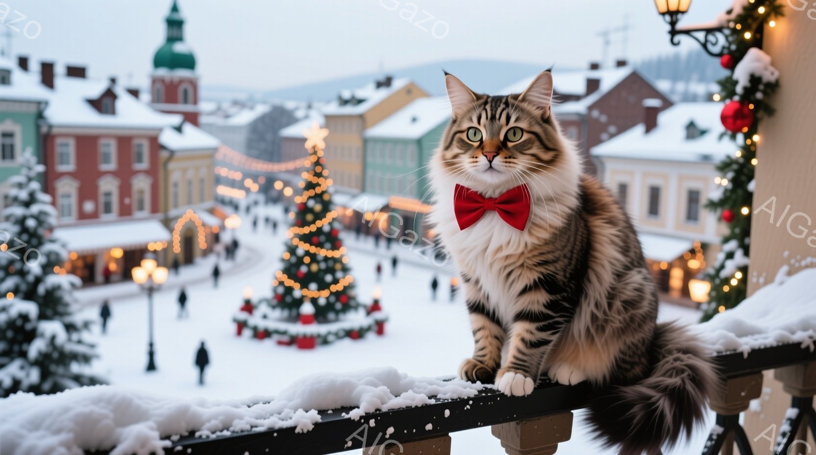 大きな縞模様の猫が、クリスマスのクッションに囲まれた灰色のソファでゆったりと横たわっています。猫は自信に満ちた表情でカメラを見つめており、ふさふさとした尻尾がソファから垂れ下がっています。背景には、ぼ - AI生成フリー素材