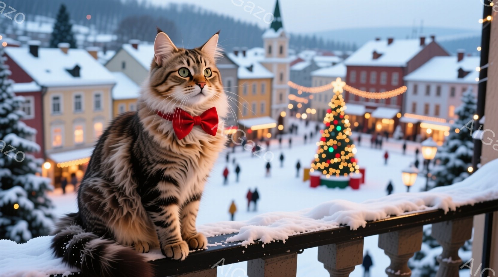 茶色と黒の縞模様の猫が、赤い蝶ネクタイをつけ、雪で覆われた手すりに座ってこちらを見ている。背景には、クリスマスツリーが輝き、雪景色の中にカラフルな建物が並んでいる賑やかな広場が広がり、冬の祭りの雰囲気 - AI生成フリー素材