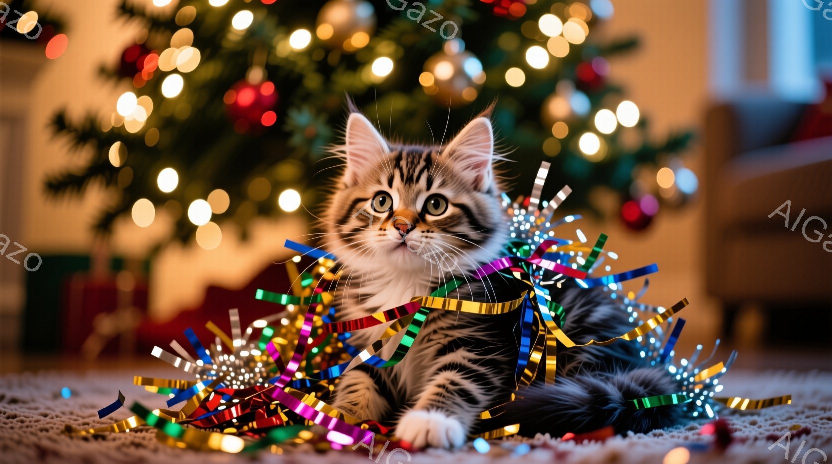 籠の中に、縞模様の可愛らしい子猫が顔を覗かせています。周りには、ジンジャーブレッドクッキーやキャンディケーンが散りばめられており、クリスマスの装飾が施された背景がぼやけて見えます。暖かく、甘くて、お祝 - AI生成フリー素材