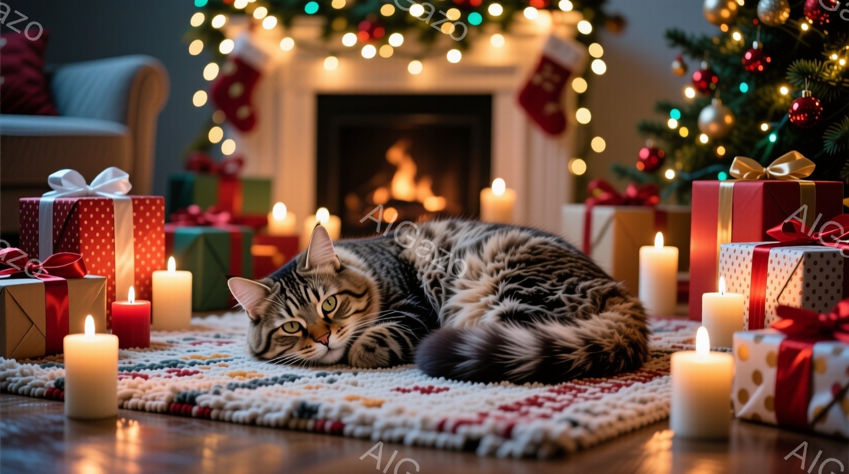 暖炉の前には、カラフルなプレゼントが置かれ、その上に縞模様の猫がゆったりと丸まって眠っています。キャンドルの優しい光が猫とプレゼントを照らし、クリスマスの飾り付けが背景に暖かく輝いています。全体的に、 - AI生成フリー素材