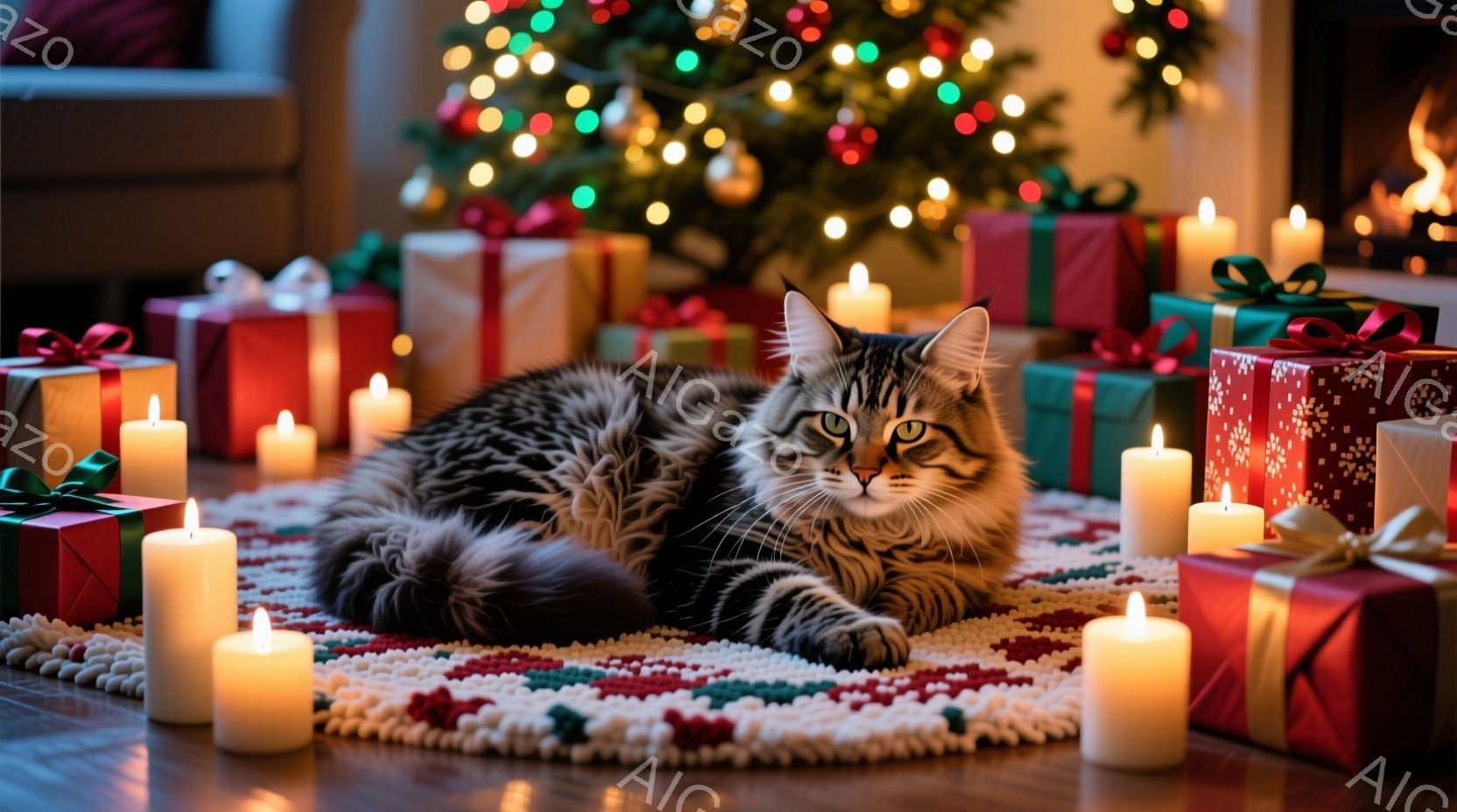 縞模様の猫が、赤い模様が入った丸い敷物の上でリラックスして横たわっています。周囲にはプレゼントの箱と点灯したキャンドルが置かれ、背景にはぼやけたクリスマスツリーの光が輝いています。温かく穏やかな雰囲気で、クリスマスの祝祭の喜びが感じられます。