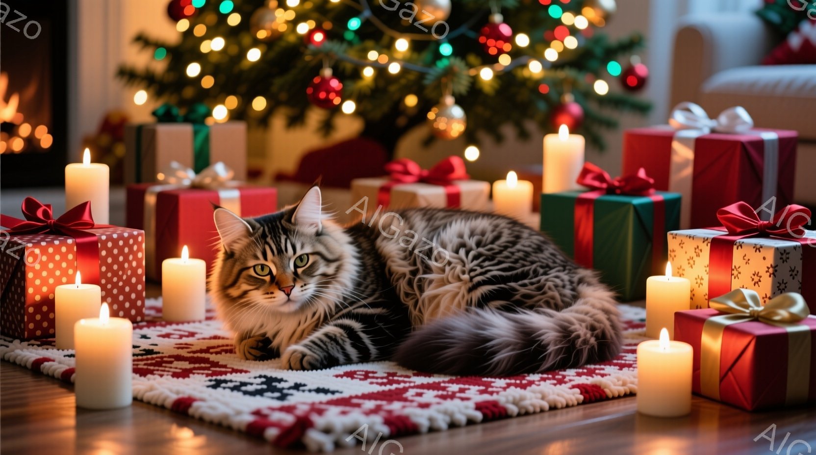 縞模様の猫が赤い敷物の上で横たわっており、その周りにはラッピングされたプレゼントと点灯したキャンドルが並んでいます。猫は落ち着いた表情で、リラックスした姿勢でくつろいでいます。背景にはクリスマスツリー - AI生成フリー素材