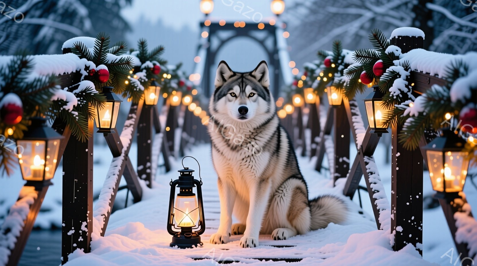 雪に覆われた桟橋に、毛並みの美しいシベリアンハスキーが座っている。周囲には装飾された松の枝と灯りが灯ったランタンが並び、幻想的な雰囲気を醸し出している。背景は雪景色で、ぼんやりと橋の構造が見え、全体と - AI生成フリー素材