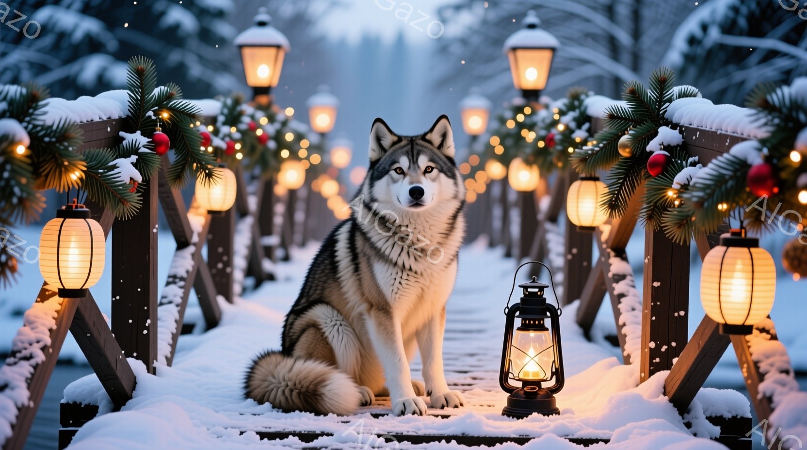 雪に覆われた木の橋の上で、美しいシベリアンハスキーが座っています。周囲には点灯したランタンが並び、クリスマスツリーの飾りが施され、冬の暖かい雰囲気を醸し出しています。背景は雪景色で、遠くには木々が見え - AI生成フリー素材