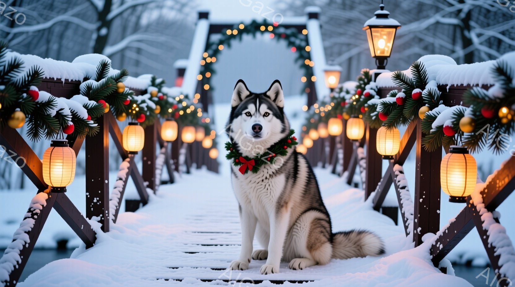 シベリアンハスキーが雪に覆われた橋の中央に座っており、赤いリボンが付いた緑のクリスマスリースを首に巻いています。背景には、クリスマスライトと装飾で飾られたアーチがあり、雪景色が広がっています。全体的に、冬の温かく穏やかな祝祭の雰囲気が漂っています。