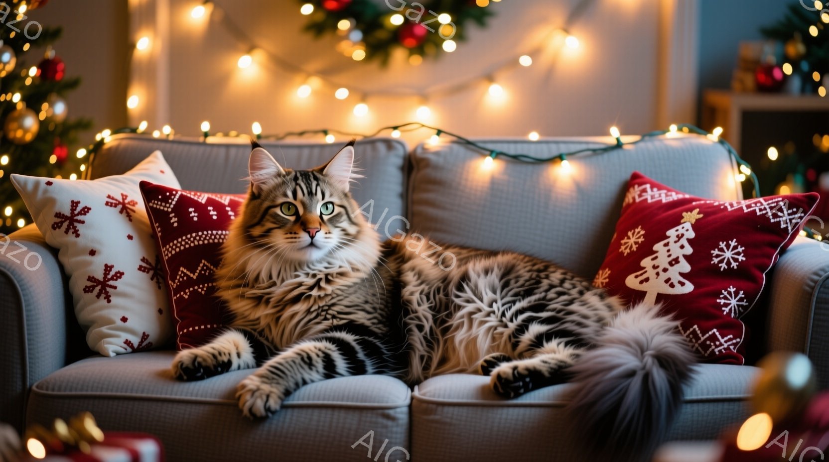 縞模様の大きな猫が灰色のソファにゆったりと横たわっています。背景にはクリスマスツリーが飾られ、暖かい色の電飾が輝き、冬の穏やかな雰囲気を醸し出しています。猫はリラックスした表情で、クリスマスの装飾に囲 - AI生成フリー素材