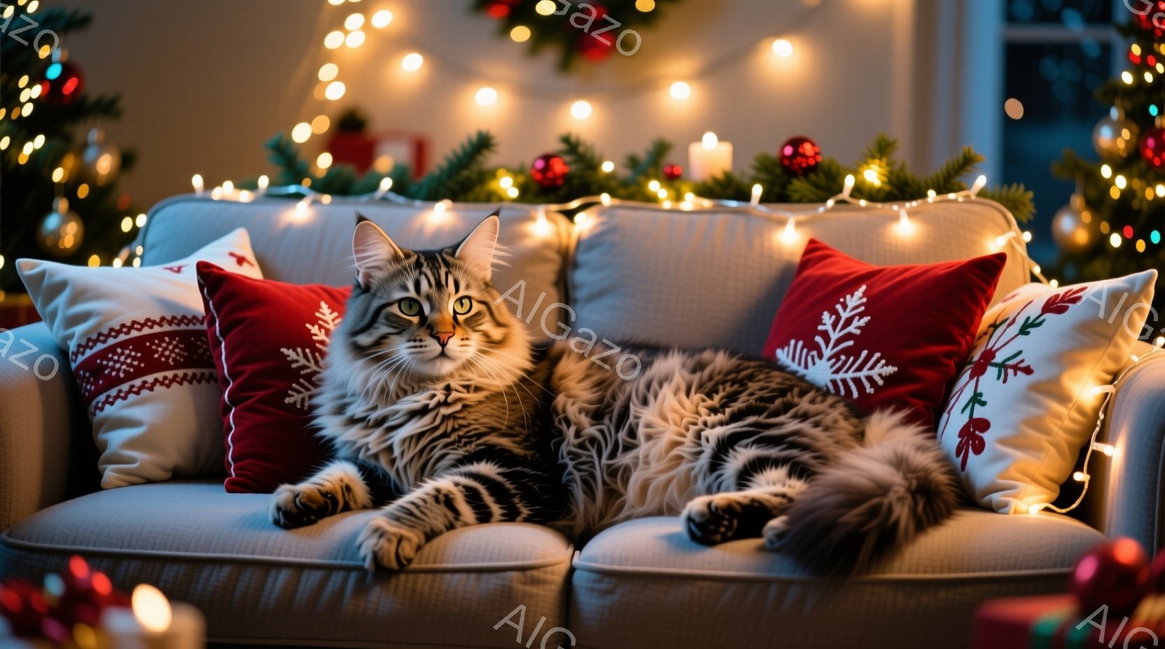 ソファの上で、毛並みの美しい縞模様の猫がリラックスして横たわっています。背景にはクリスマスツリーと飾り付けがぼやけて見え、温かい光が猫の毛並みを照らし出しています。全体的に、穏やかで居心地の良い、クリ - AI生成フリー素材