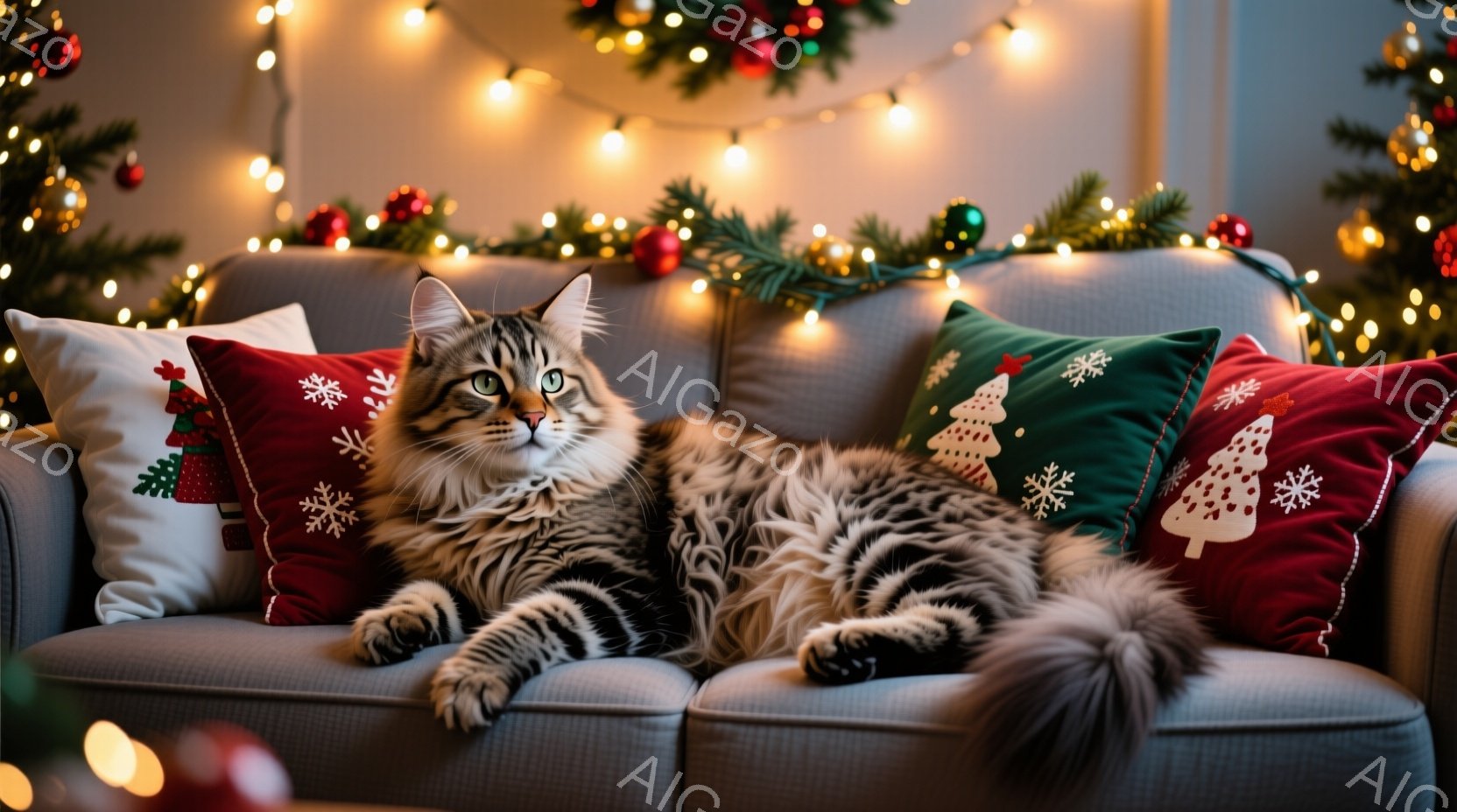 灰色のソファに縞模様の長い毛並みの猫が優雅にくつろいでいます。背景にはクリスマスツリーの飾りと光のイルミネーションが暖かく輝き、猫の毛並みとクリスマスの装飾が合わさり、温かく穏やかな雰囲気を醸し出しています。猫はリラックスした表情で、まるでクリスマスの準備を楽しむかのように、その姿は魅力的です。