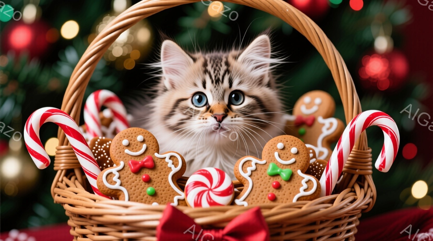 籠の中に、縞模様の可愛らしい子猫が座っており、周りにはジンジャーブレッドマンやペパーミントキャンディが飾られています。子猫は大きな青い目を輝かせ、少し好奇心旺盛な表情をしています。背景にはぼやけた赤い布とキラキラと光るクリスマスツリーのライトが見え、全体的に温かく、お祝いムードに満ちた雰囲気です。