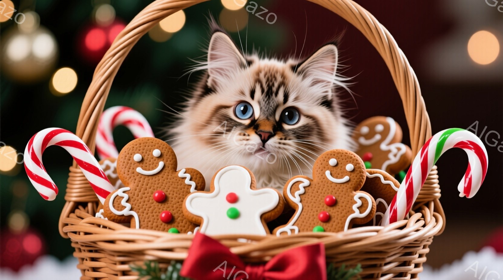 ふわふわとしたクリーム色の毛並みを持つ子猫が、クリスマスらしい籐製のカゴの中にいます。カゴの中には、ジンジャーブレッドマンやキャンディケーンが飾られており、暖かくお祝いの雰囲気が漂っています。背景には - AI生成フリー素材