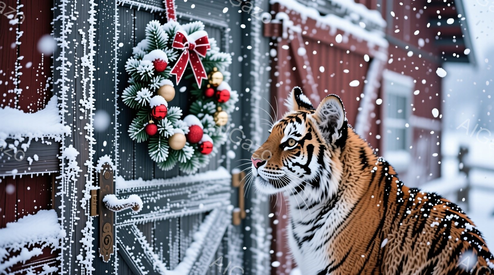 赤い木製のドアにクリスマスリースが飾られ、雪が舞う冬の風景の中に、トラが横向きに佇んでいます。トラは鋭い眼差しで遠くを見つめ、毛並みは美しい縞模様で、冬の寒さにも負けない凛々しい姿をしています。背景は雪に覆われた自然で、クリスマスの飾りとトラの力強さが対照的な、幻想的な雰囲気を醸し出しています。