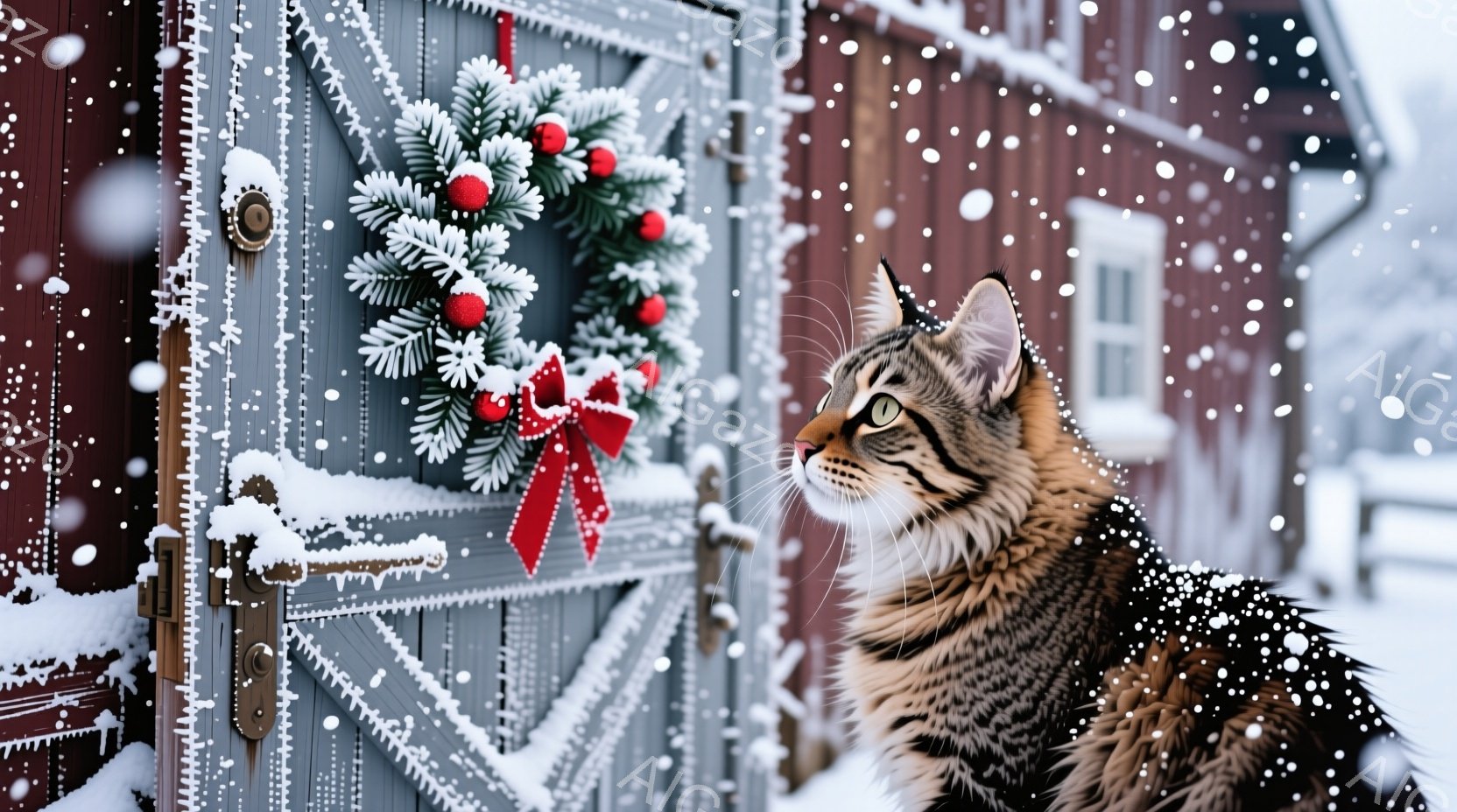 縞模様の猫が雪に覆われた木のドアの横に立っており、興味深そうに何かを見つめている。ドアには赤いリボンと実が飾られたクリスマスリースが掛けられており、背景には雪が舞う冬の風景が広がっている。全体的に温か - AI生成フリー素材