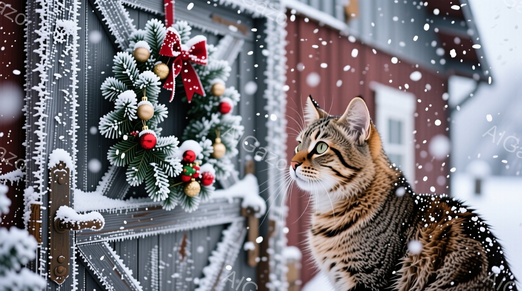 縞模様の猫が雪景色の中で、赤い装飾が施された玄関の横に立っている。猫は右を見つめ、雪が降る中、冬の静けさと暖かさが感じられる。背景には雪で覆われた木々と、クリスマスの飾り付けがされた赤いドアが見え、穏 - AI生成フリー素材