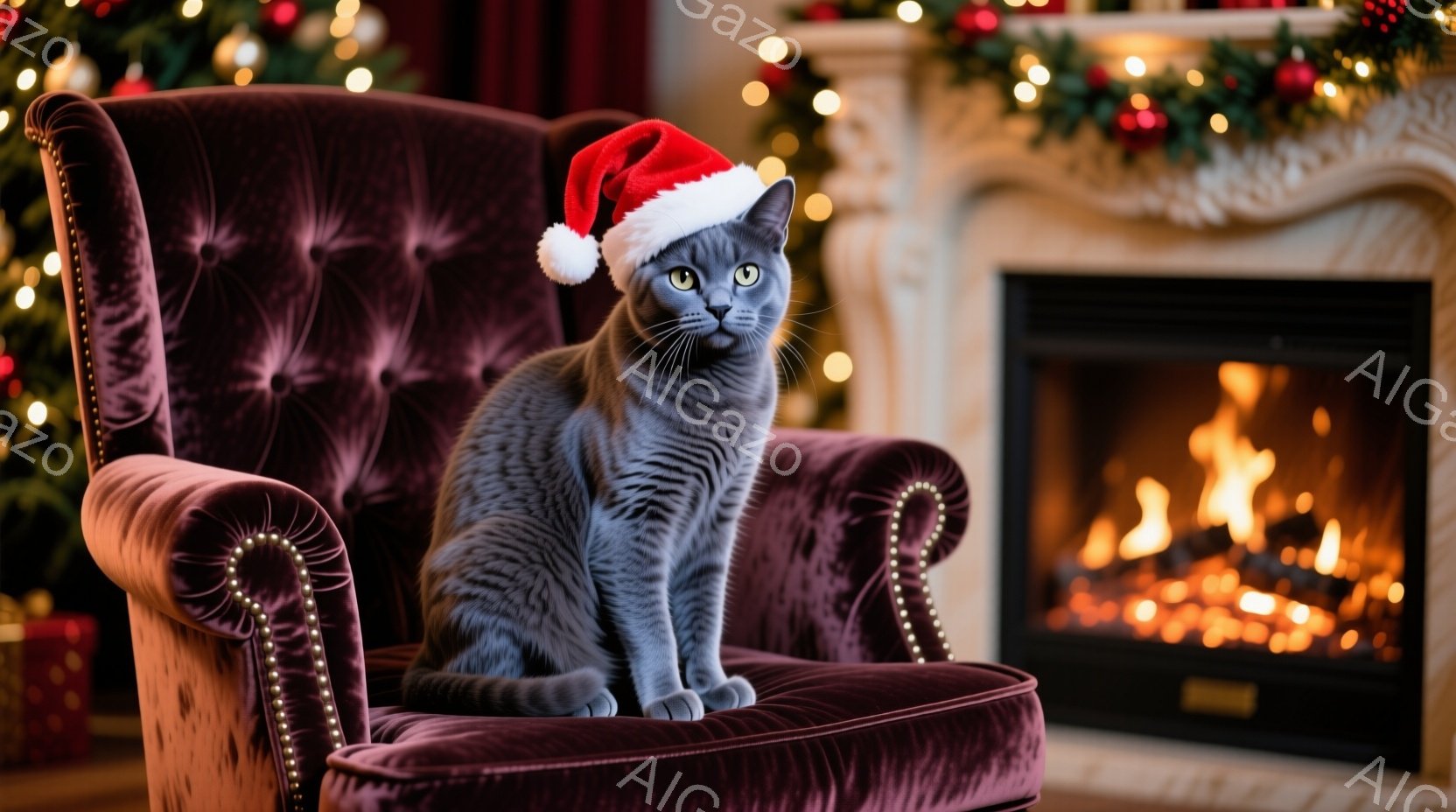 灰色の猫が深紅色のベルベット調の肘掛け椅子に座り、赤いサンタ帽を被っています。猫は正面を見ており、落ち着いた表情で、背景には暖炉の炎とクリスマスツリーの飾りが見えます。暖炉の光とツリーの輝きが、猫と部 - AI生成フリー素材