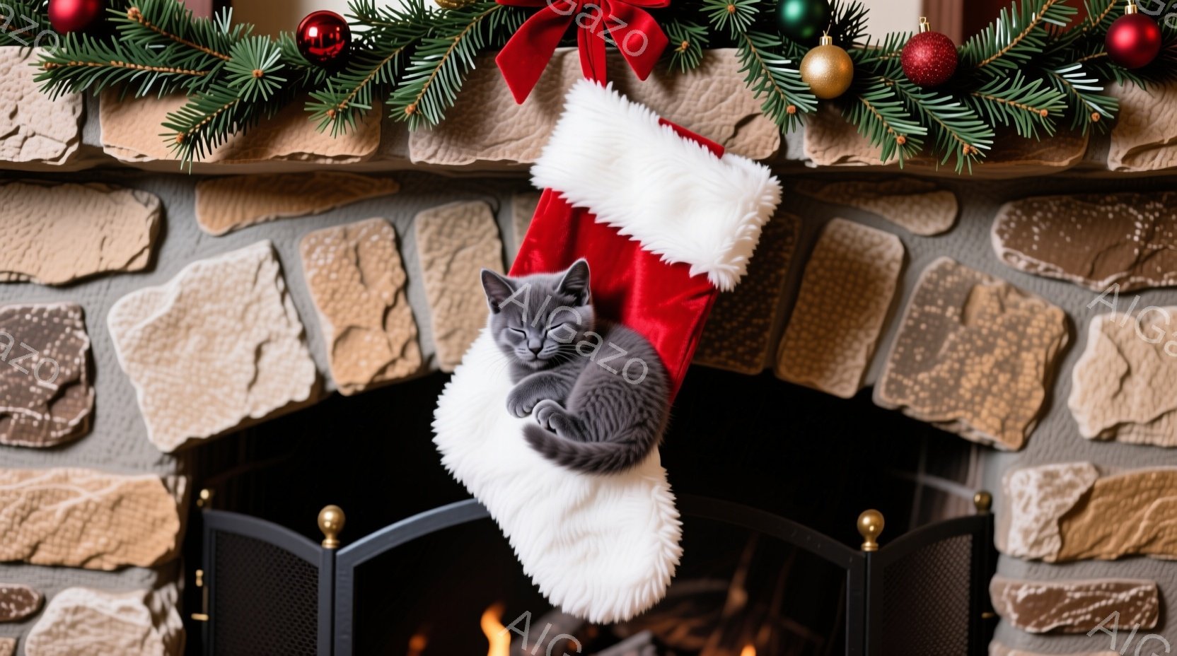 クリスマスソックスの中に灰色の小さな子猫が丸まって眠っています。暖炉のレンガの壁が背景にあり、クリスマスツリーの飾りがソックスの上部に飾られています。暖炉の炎が暖かく、居心地の良いクリスマスの雰囲気を醸し出しています。