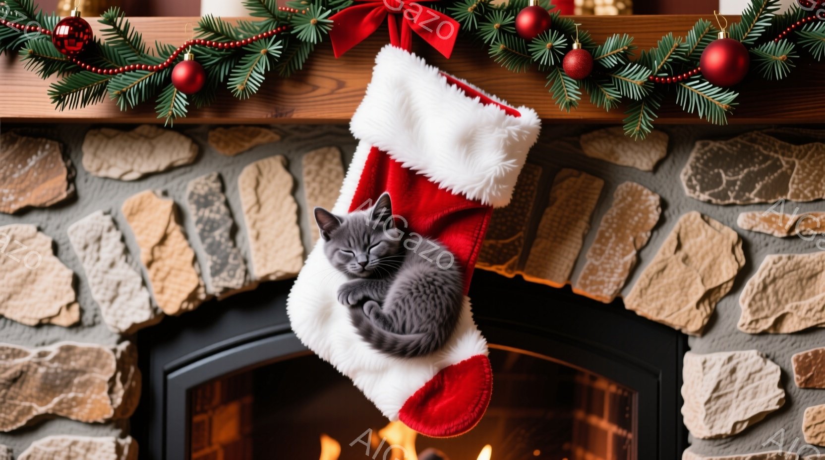 暖炉のそばに吊るされた赤いクリスマスストッキングの中に、グレーの猫が丸まって眠っています。ストッキングは白い毛皮で縁取られており、緑色のクリスマスツリーの飾りと赤いリボンで飾られた暖炉の上に掛けられて - AI生成フリー素材