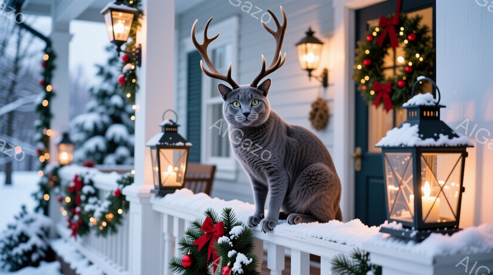 白い手すりに灰色の猫が座っており、頭には角のような飾りをつけています。背景にはクリスマス装飾が施された家があり、雪が降り積もり、暖かく幻想的な雰囲気を醸し出しています。キャンドルが灯されたランタンが猫 - AI生成フリー素材