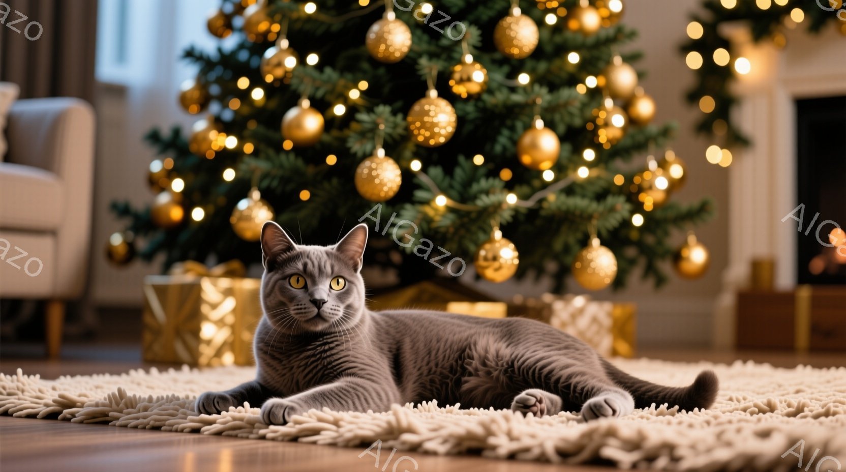 灰色の猫が、オフホワイトのふわふわしたラグの上に横たわっています。背景には、金色のオーナメントと輝くライトで飾られたクリスマスツリーがあり、プレゼントも置かれています。暖かく、穏やかな雰囲気で、猫はリ - AI生成フリー素材