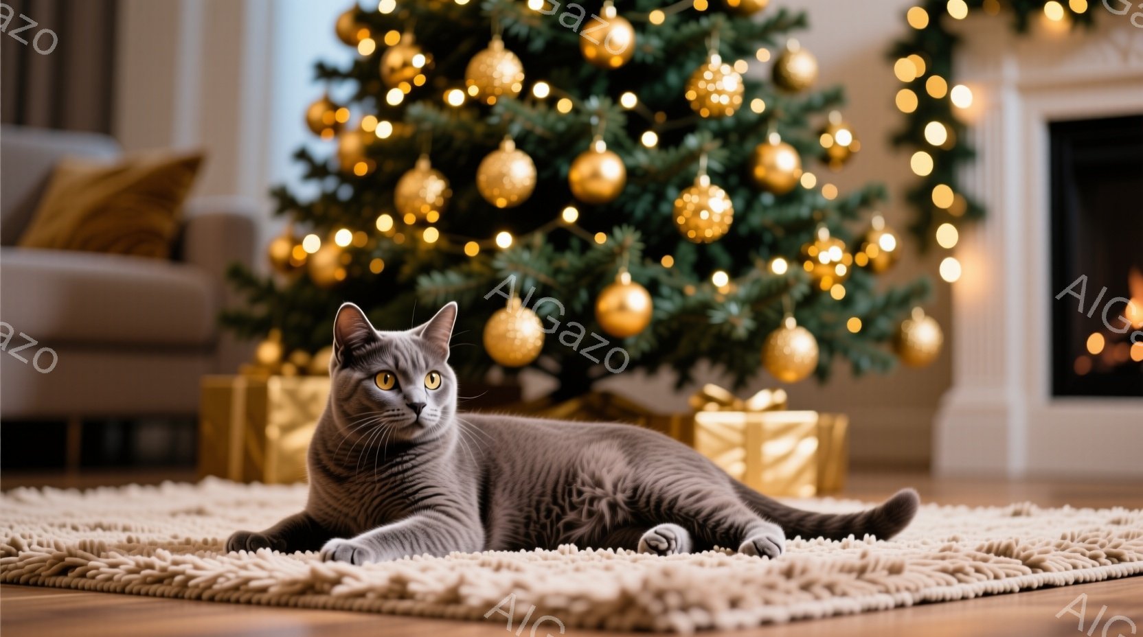 灰色の猫がクリスマスプレゼントの山の上に座り、緑色のエルフの衣装を着ています。背景には、暖炉の火が燃え盛り、クリスマスツリーの輝きが暖かく包み込むような雰囲気を醸し出しています。プレゼントの赤と緑、暖 - AI生成フリー素材
