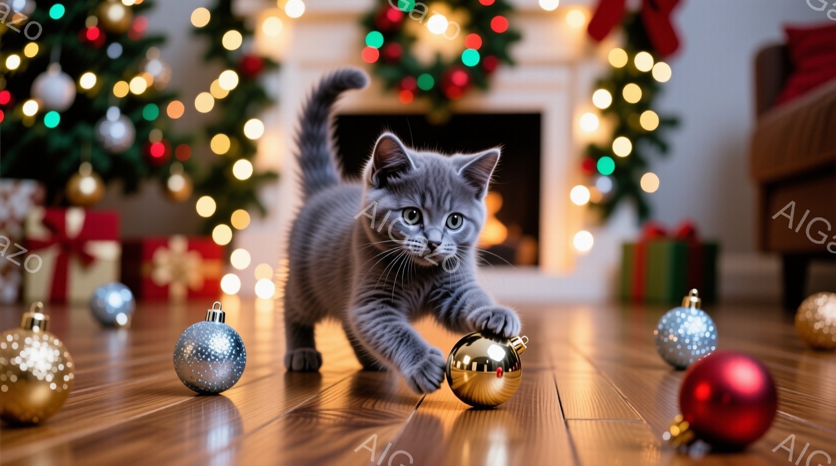 明るい木の床の上に、灰色がかった縞模様の子猫が、輝くオーナメントボールを前足で軽く叩いている様子が写っています。背景には、クリスマスツリーの光とプレゼントの箱が見え、暖かくお祝いムードが漂っています。 - AI生成フリー素材