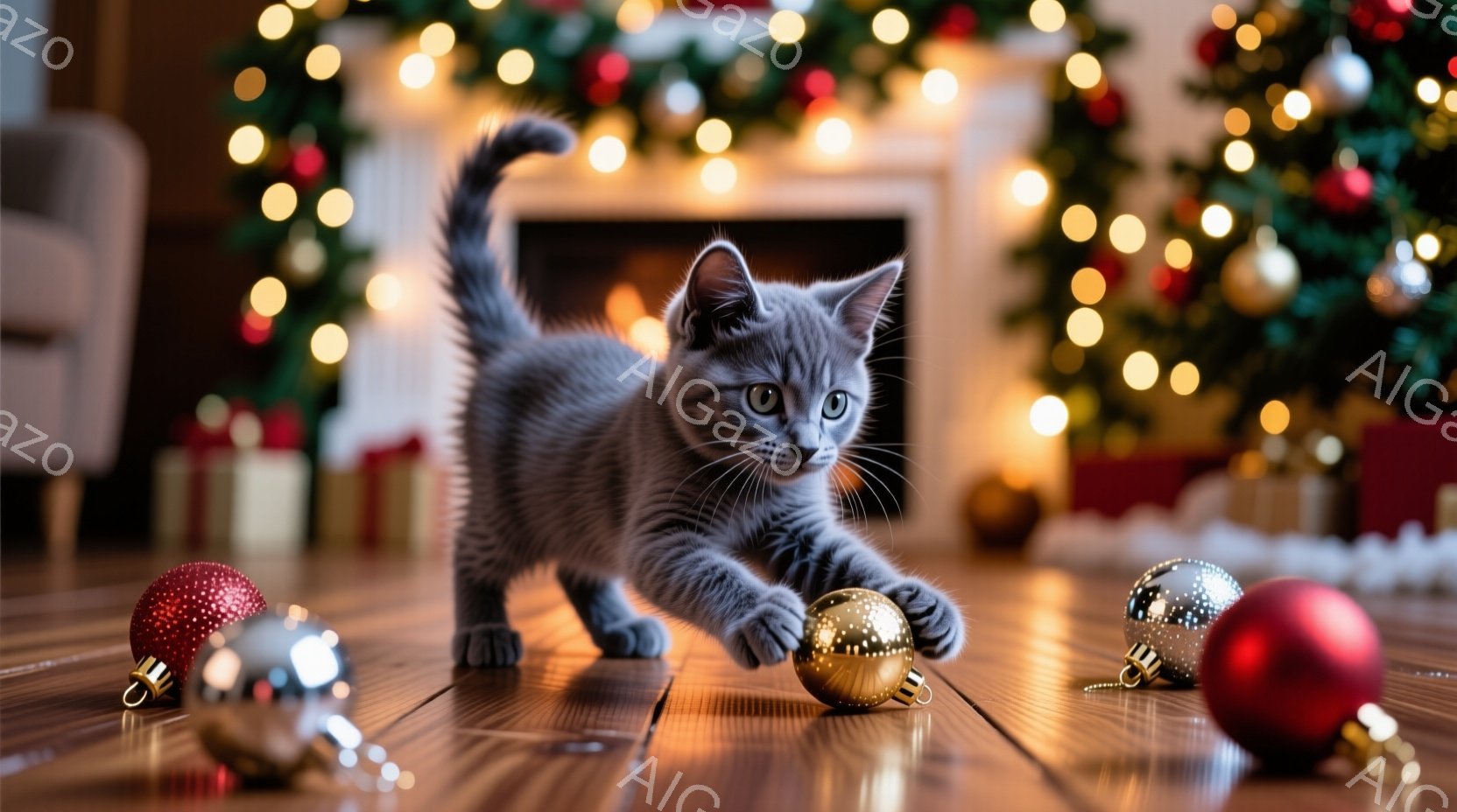 灰色の小さな子猫が、クリスマスツリーのオーナメントを前にして、遊びに夢中になっている様子が写っています。木製の床には、赤、金、銀のボール状のオーナメントが散らばり、子猫は前足で金色のボールを軽く押さえ - AI生成フリー素材