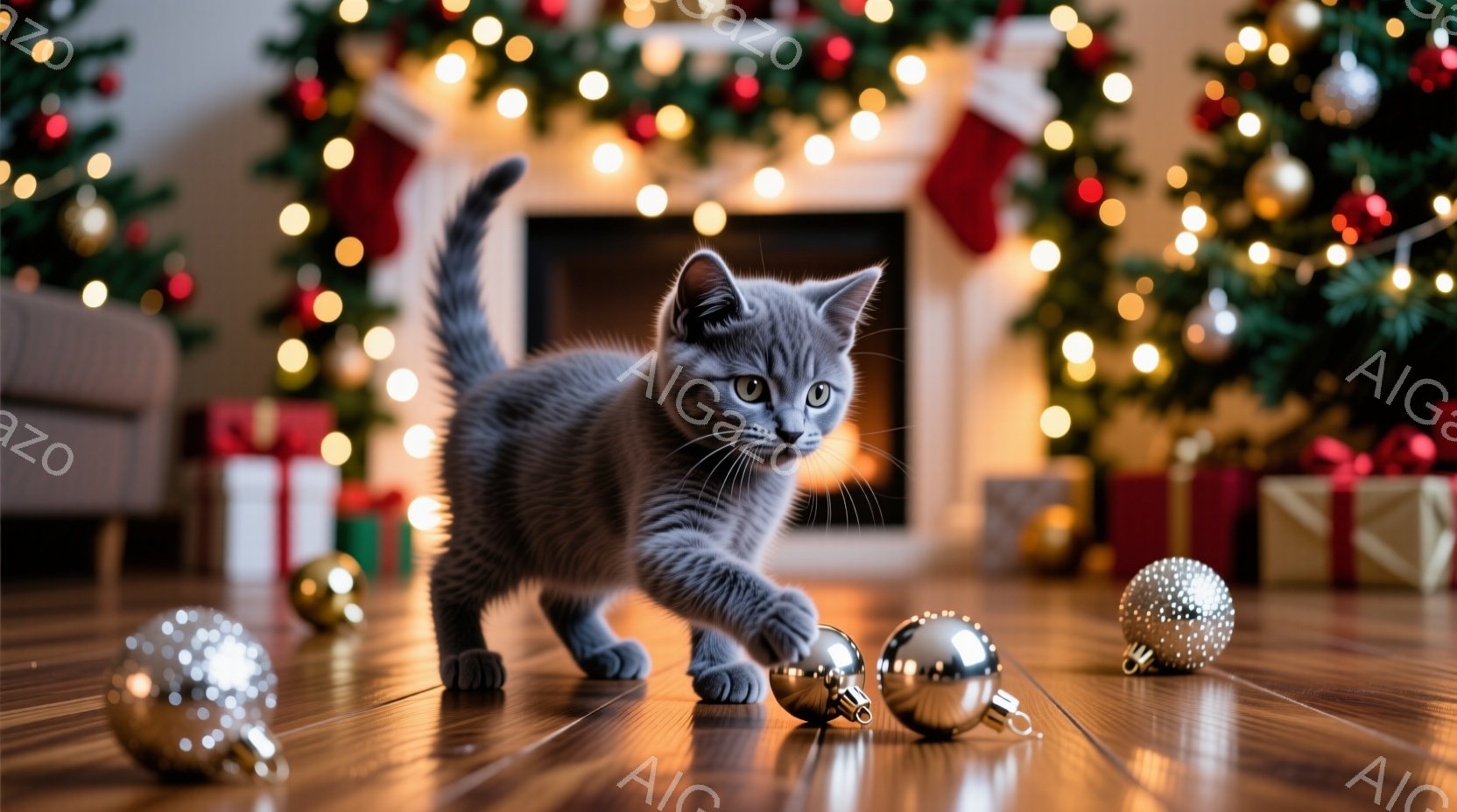 灰色の小さな子猫が木の床の上で、キラキラと光るクリスマスオーナメントを遊び心いっぱいに追いかけている。背景には、暖炉、クリスマスツリー、そしてプレゼントの山があり、部屋全体が温かく、お祝いムードに包ま - AI生成フリー素材