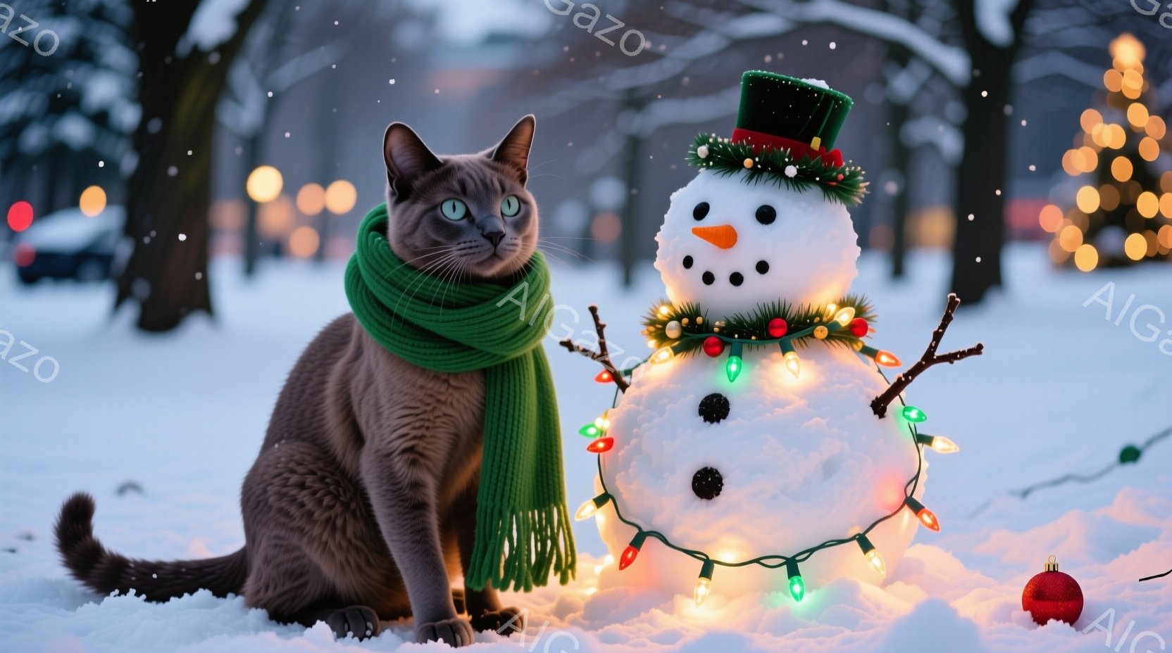 灰色の猫が緑のスカーフを巻き、雪の上に座っています。猫は正面を見て少し微笑んでいるように見え、冬の風景の中に可愛らしいアクセントを加えています。背景には、飾り付けられたクリスマスツリーと雪景色が広がり、凍えるような冬の夜の静かで暖かい雰囲気を醸し出しています。