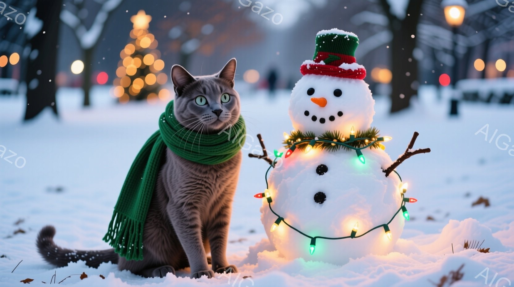 灰色の毛並みの猫が緑色のマフラーを巻き、雪の上に座っています。猫の隣には、クリスマスツリーの飾りで彩られた雪だるまが立っており、背景にはぼんやりとクリスマスツリーの明かりが見えます。雪が舞う冬の夜の、 - AI生成フリー素材