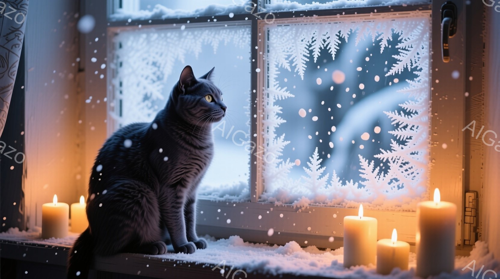 灰色の猫が窓辺に座り、外を眺めている。窓の外は雪景色で、霜で覆われた模様が美しい。暖色のキャンドルが窓辺に並べられ、冬の静かで温かい雰囲気を醸し出している。 - AI生成フリー素材