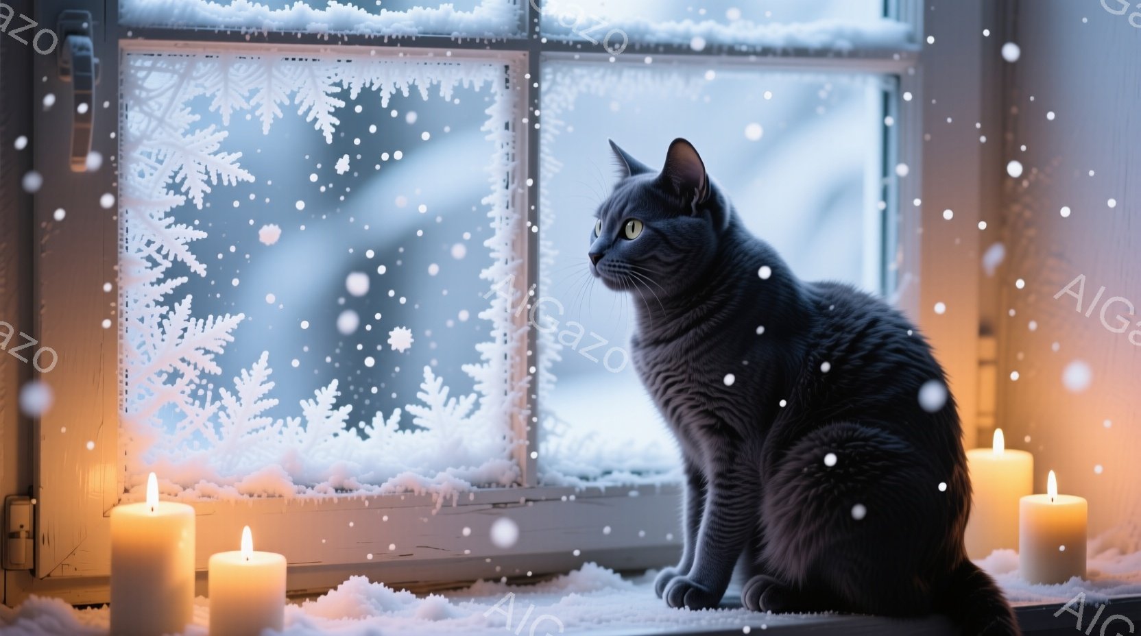 窓辺に灰色の猫が座り、外の雪景色を眺めている。白い雪の結晶模様が描かれた窓枠のそばには、数本の灯されたキャンドルが暖かく光を放ち、室内を照らしている。雪が舞い降りる静かで穏やかな冬の風景が、猫の物憂げな表情と相まって、どこか寂しげでありながらも温かい雰囲気を醸し出している。