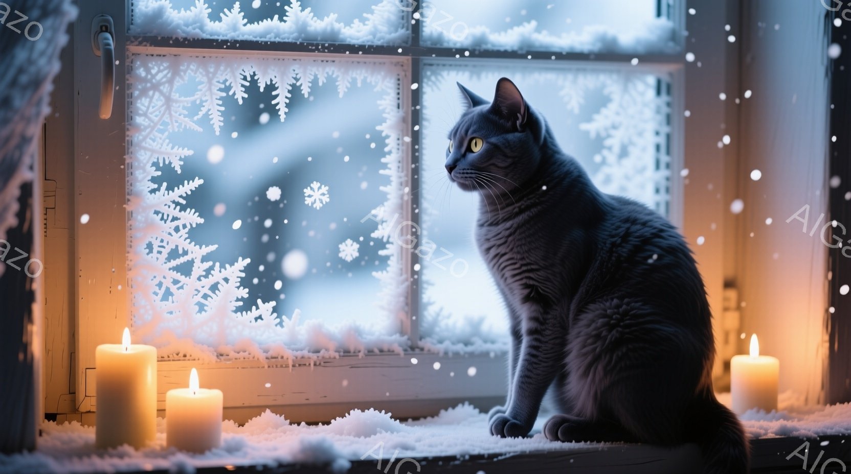 灰色の猫が雪の降る窓辺に座り、外を見つめている。窓枠には雪の結晶模様が描かれ、室内には数本のロウソクが灯り、暖かく穏やかな雰囲気を醸し出している。雪景色が猫の姿を際立たせ、静かで詩的な冬の情景を描写している。