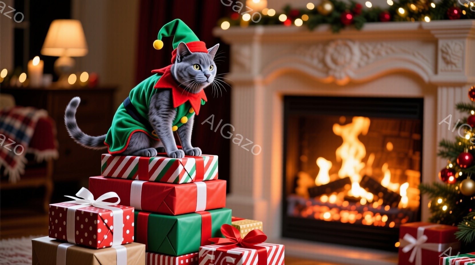 灰色の猫が、積み上げられたクリスマスプレゼントの上に座っており、小さなサンタの帽子とベストを身につけています。背景には暖炉があり、火が燃え盛っていて、クリスマスの飾り付けが施されたクリスマスツリーがぼんやりと見えます。全体的に、暖かく、お祝いの雰囲気が漂う、魅力的な冬の光景です。