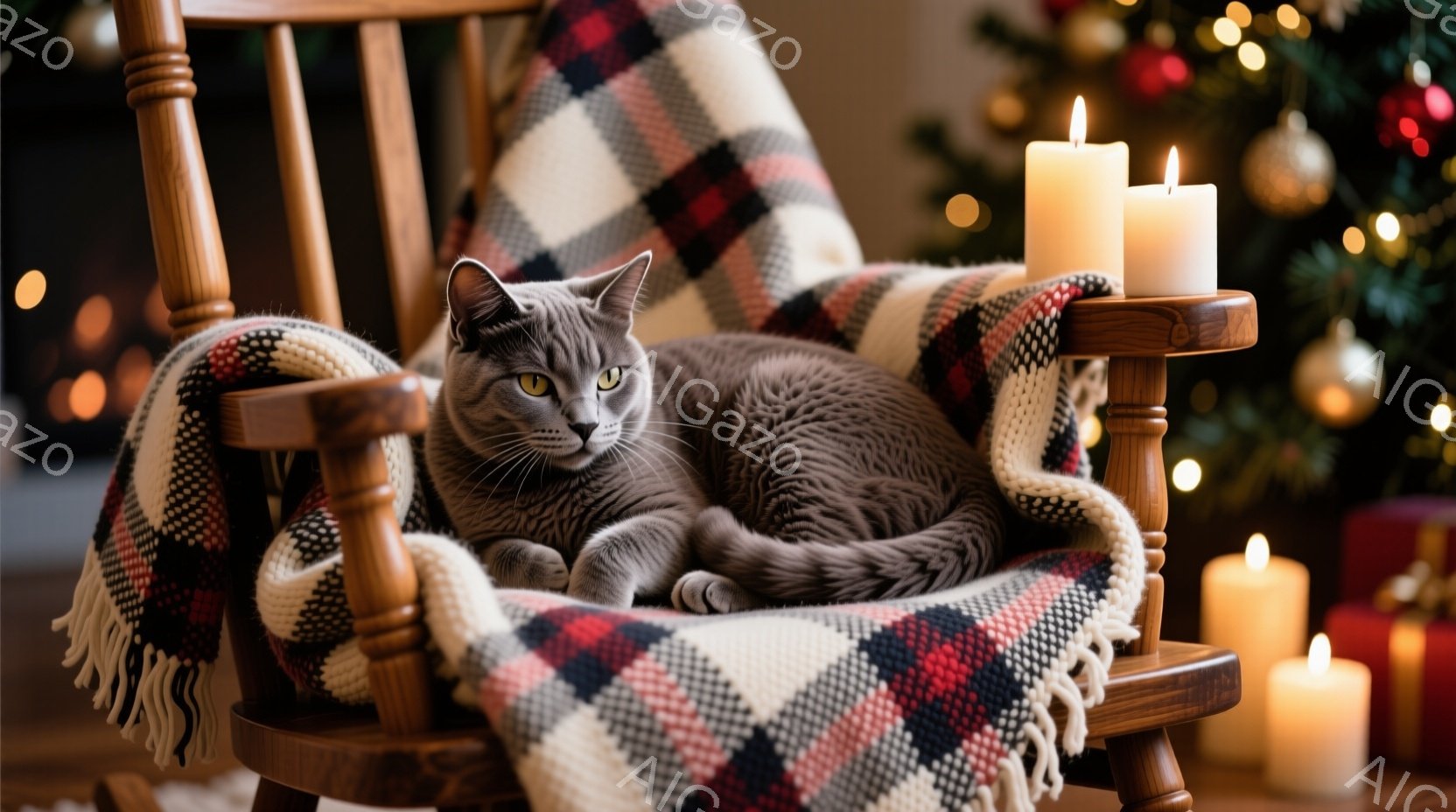 灰色の猫が雪で覆われた木製のベンチに座り、カメラの方を見ています。猫は首輪をつけており、背景にはクリスマスのイルミネーションで飾られた建物や人々が見え、雪が降る冬の夜の温かく幻想的な雰囲気を醸し出して - AI生成フリー素材