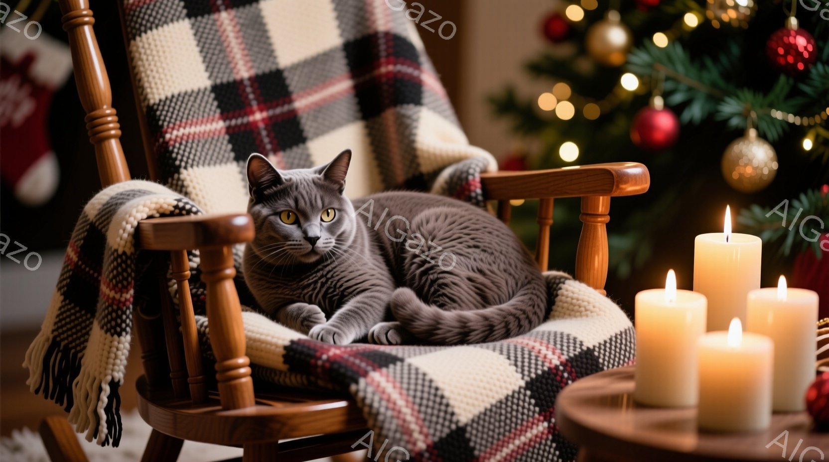 灰色の猫が、赤いチェック柄のブランケットが掛けられたロッキングチェアに丸まって座っています。背景には、ぼやけたクリスマスツリーと、温かい光を放つキャンドルが置かれたテーブルが見え、クリスマスの暖かい雰 - AI生成フリー素材