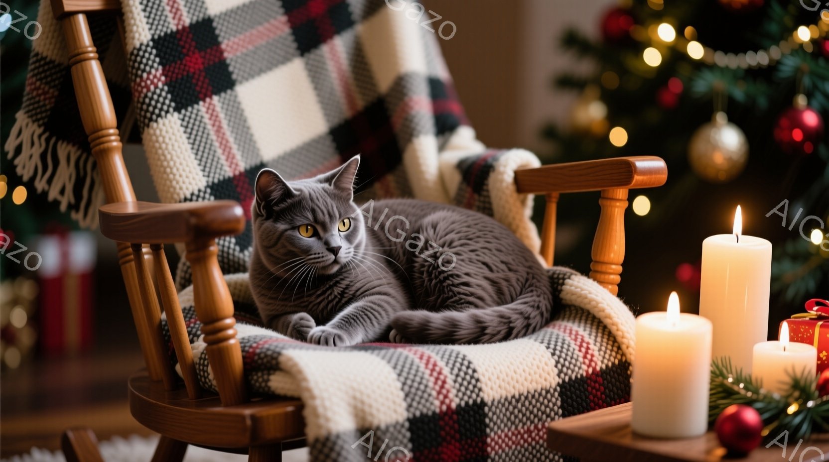 暖炉のロッキングチェアに灰色の猫がゆったりと横たわっており、リラックスした様子が伺える。背景にはクリスマスツリーやロウソクが飾られ、温かく穏やかな雰囲気を作り出している。ロッキングチェアにはチェック柄のブランケットがかけられており、猫の安らぎをさらに強調している。